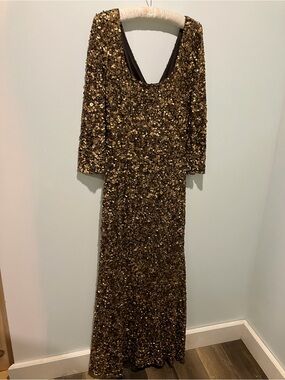 THEIA Gold Sequin Long Sleeve Evening Gown Size 10